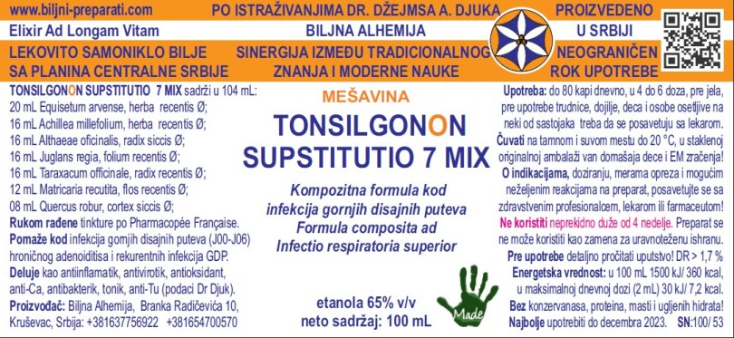 TONSILGONON SUPSTITUTIO 7 MIX Formula composita ad Infectio respiratoria superior (J00-J06)