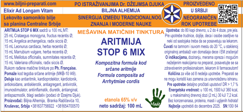 ARITMIJA STOP 6 MIX Kompozitna formula kod aritmije MKB-10 I49