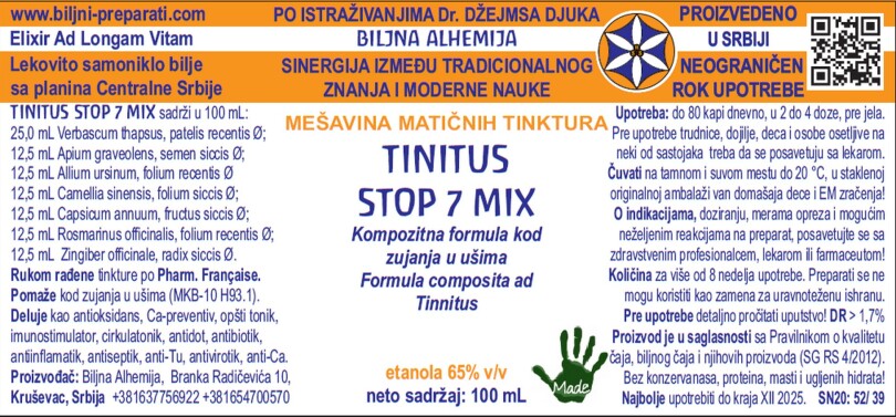 TINITUS STOP 7 MIX Kompozitna formula kod zujanja u ušima (Tinnitus ICD- 10 H93.1)